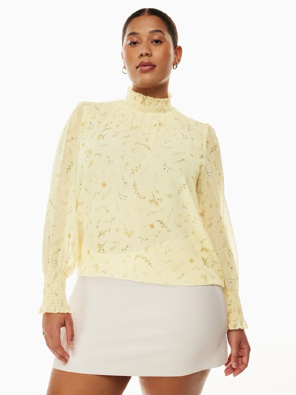 WILFRED Valencia Butter Yellow Floral Cottage Coquette Mock Neck Blouse Large